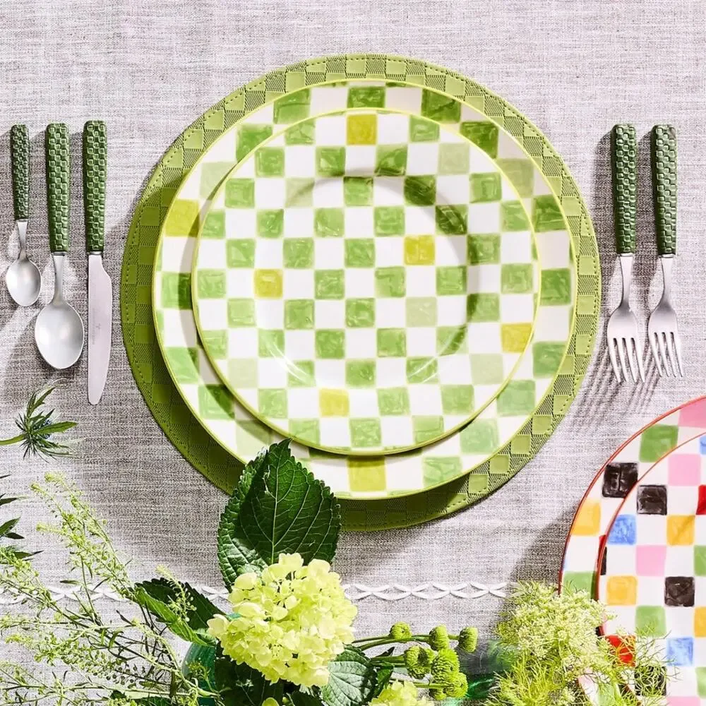Mackenzie Childs Green Check Round Platter 13.25in Portugal Stoneware NEW